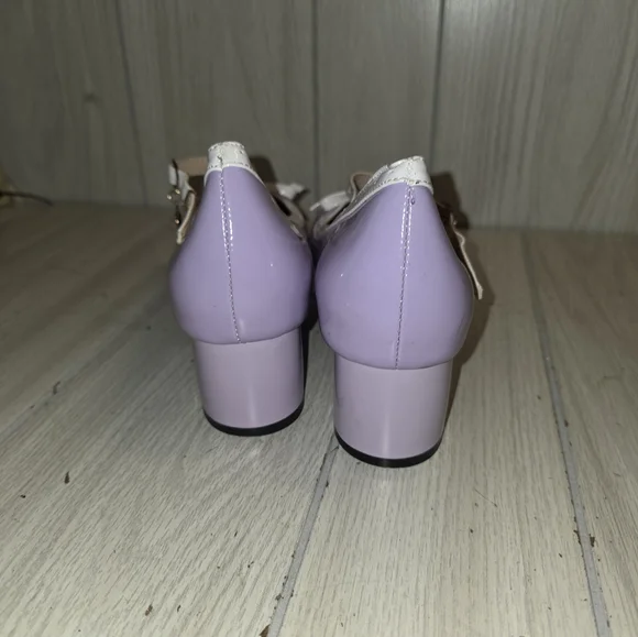 Jingpin Womens Lavender Pin Up Girl Mary Jane Shoes Block Heel Bow Pearl Charm - Picture 3 of 10